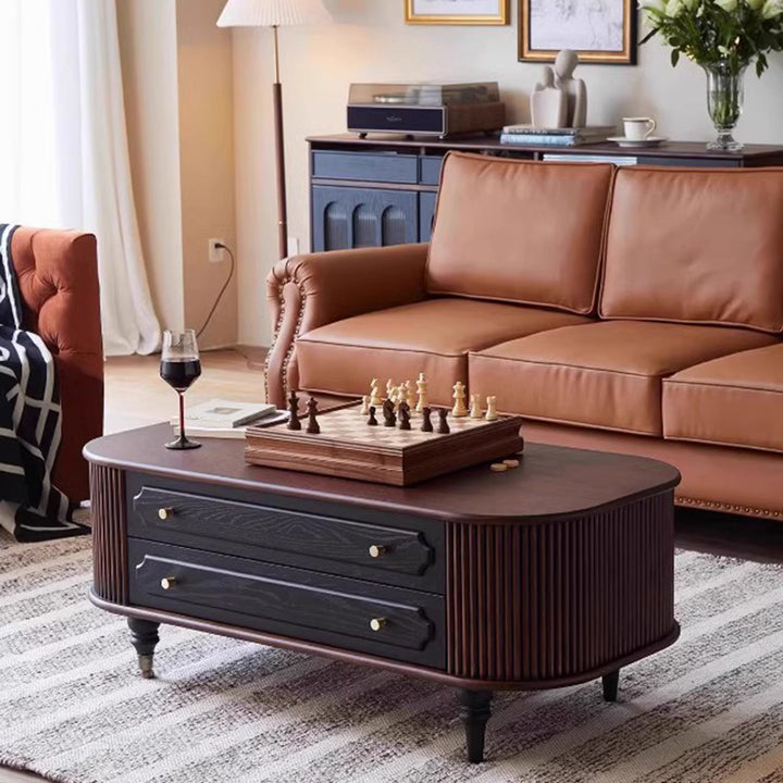 Table basse ovale allongée arrondie en chêne français traditionnel, bois massif, panneau multicouche, avec 2 tiroirs pour salon 