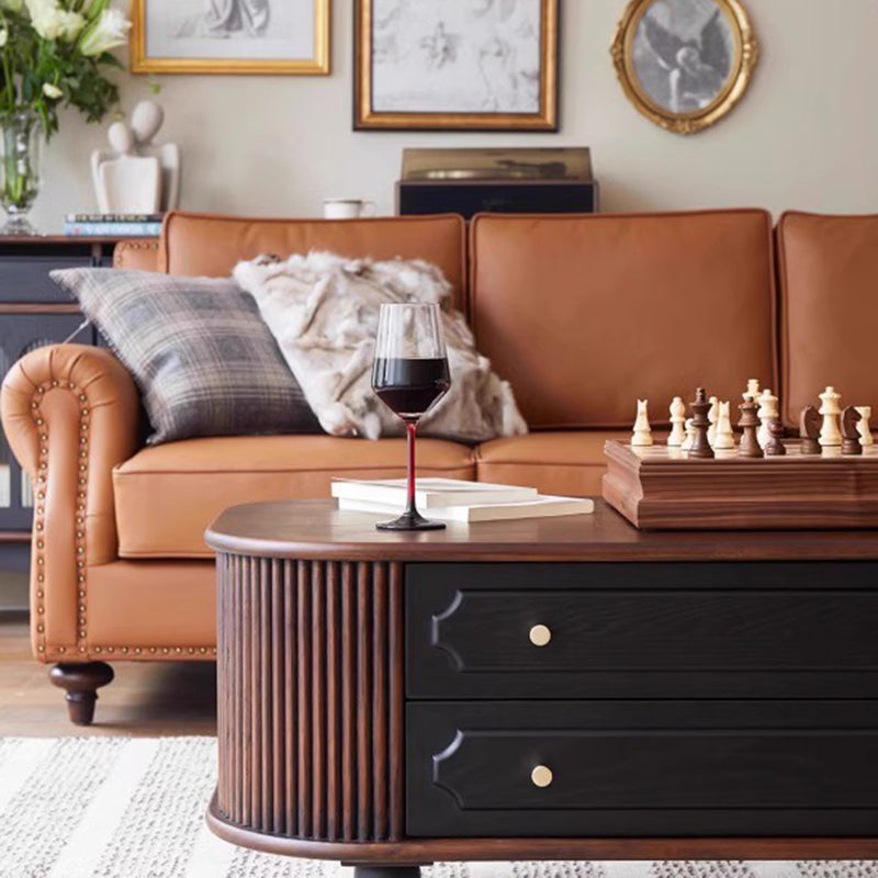 Traditional French Oak Wood Solid Wood Multi-Layer Board Rounded Elongated Oval Coffee Table With 2 Drawers For Living Room