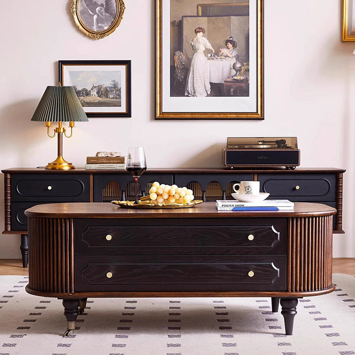 Table basse ovale allongée arrondie en chêne français traditionnel, bois massif, panneau multicouche, avec 2 tiroirs pour salon 