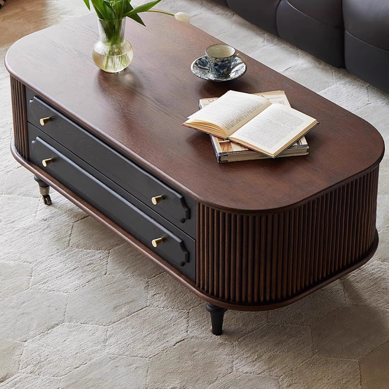 Traditional French Oak Wood Solid Wood Multi-Layer Board Rounded Elongated Oval Coffee Table With 2 Drawers For Living Room