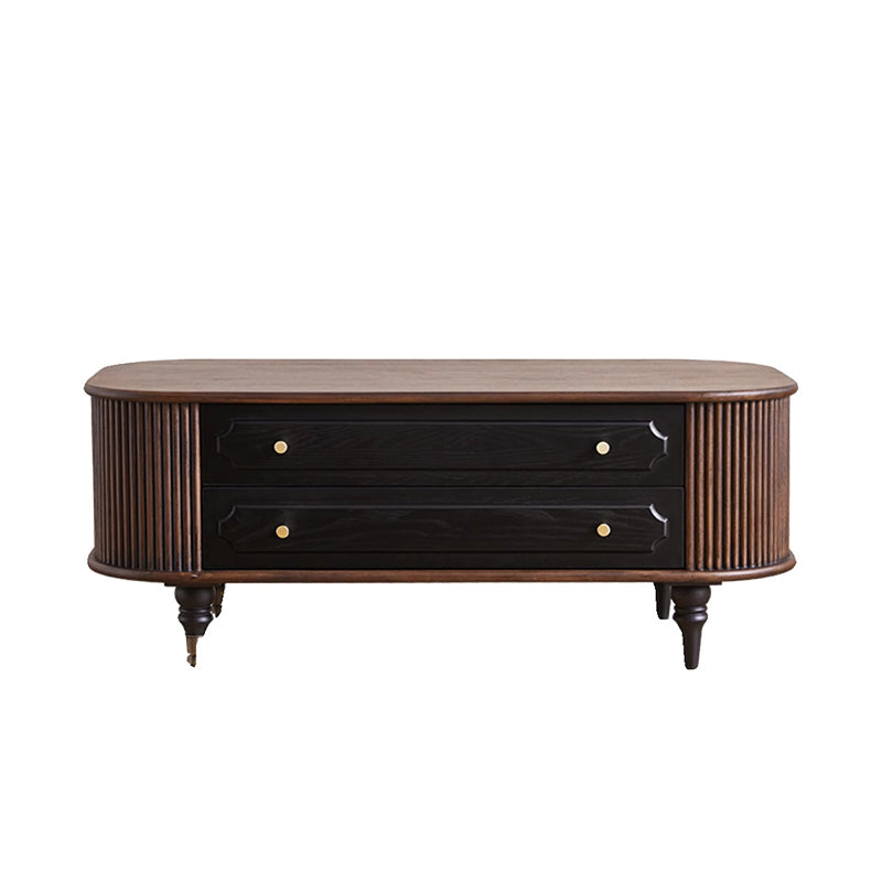 Traditional French Oak Wood Solid Wood Multi-Layer Board Rounded Elongated Oval Coffee Table With 2 Drawers For Living Room