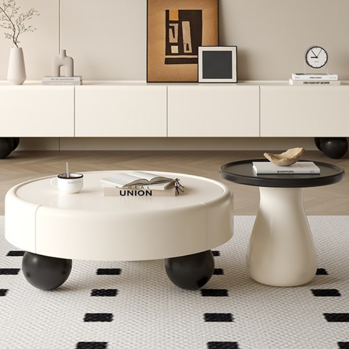 Table basse ronde cylindrique en bois massif français traditionnel, panneau multicouche, avec 1 niveau pour salon 