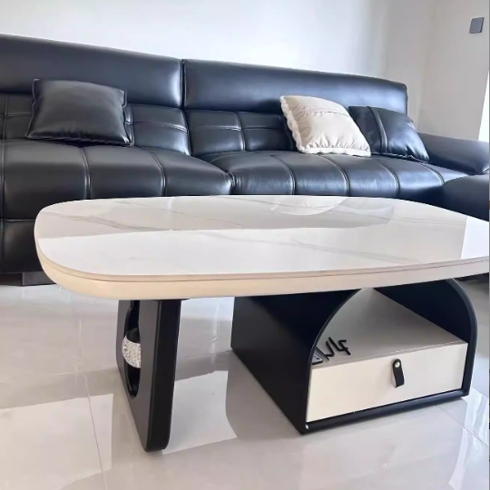 Table basse rectangulaire arrondie et courbée en bois massif français traditionnel, panneau multicouche, avec 1 tiroir pour salon 