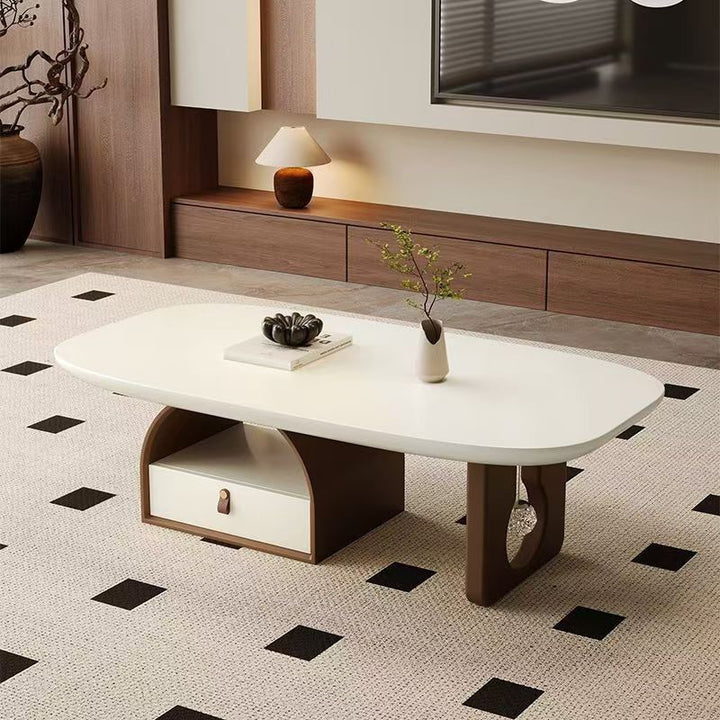 Table basse rectangulaire arrondie et courbée en bois massif français traditionnel, panneau multicouche, avec 1 tiroir pour salon 