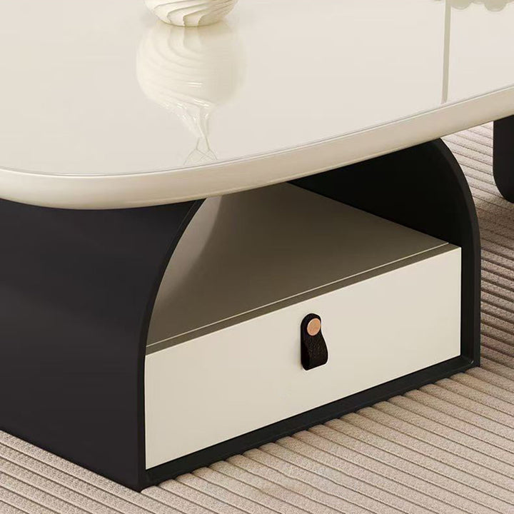 Table basse rectangulaire arrondie et courbée en bois massif français traditionnel, panneau multicouche, avec 1 tiroir pour salon 