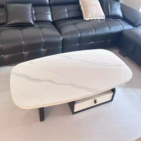 Table basse rectangulaire arrondie et courbée en bois massif français traditionnel, panneau multicouche, avec 1 tiroir pour salon 