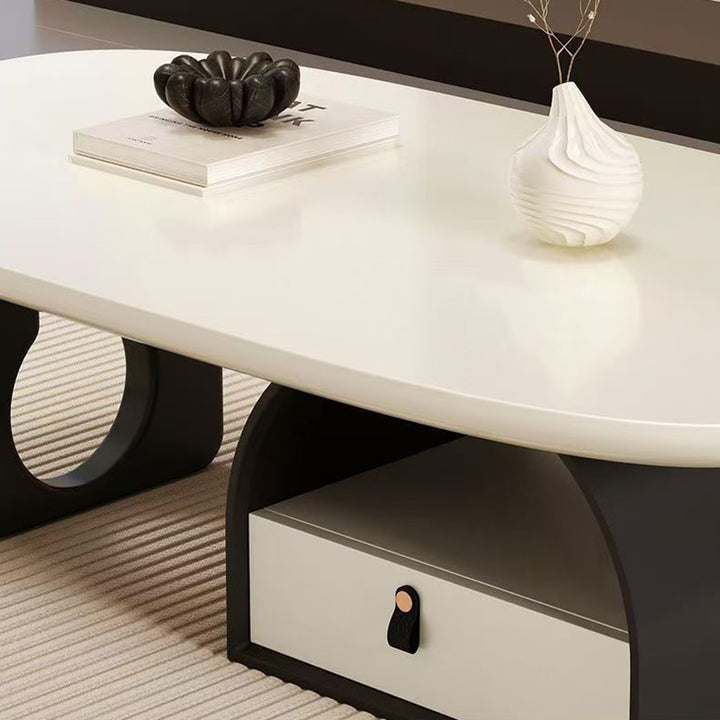 Table basse rectangulaire arrondie et courbée en bois massif français traditionnel, panneau multicouche, avec 1 tiroir pour salon 