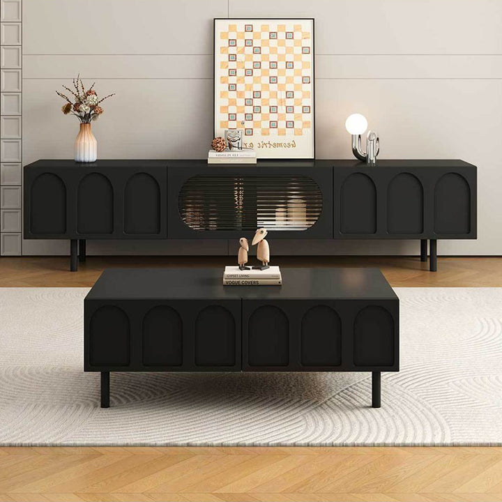 Table basse rectangulaire en bois d’ingénierie, verre et arche de style français traditionnel avec 2 tiroirs pour salon 