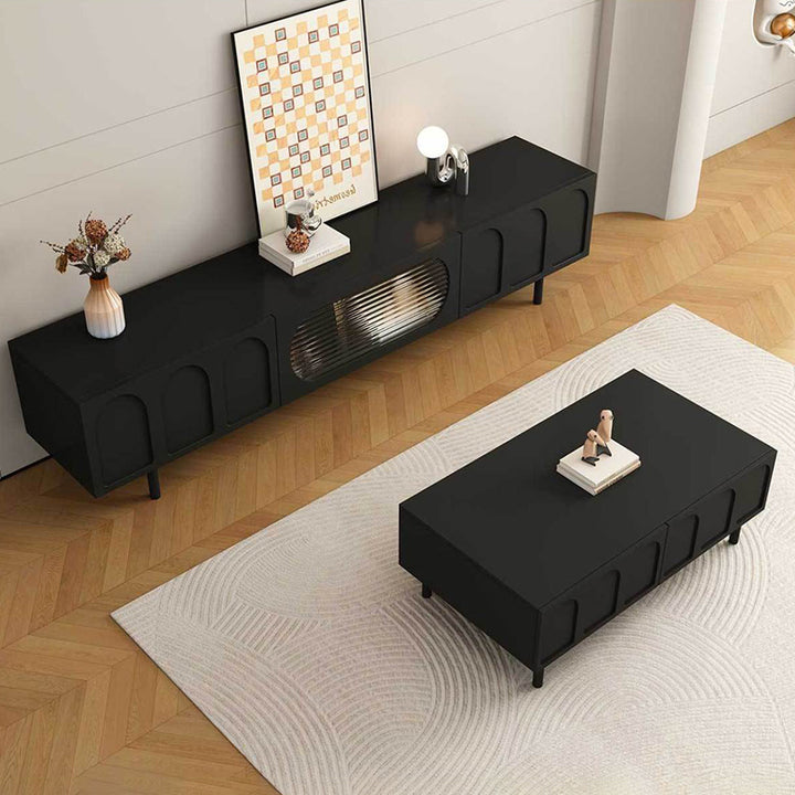 Table basse rectangulaire en bois d’ingénierie, verre et arche de style français traditionnel avec 2 tiroirs pour salon 