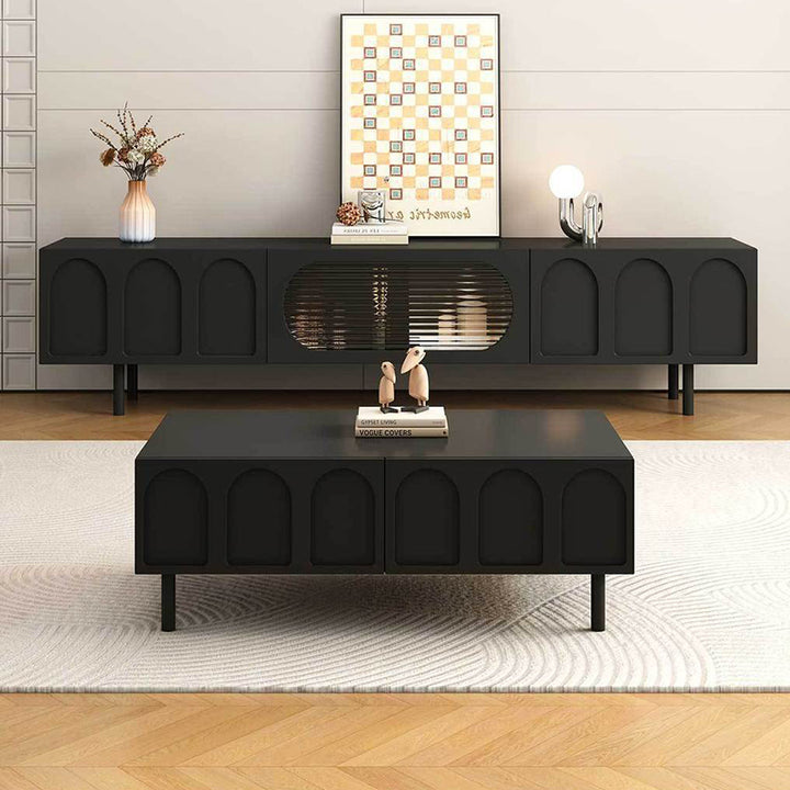Table basse rectangulaire en bois d’ingénierie, verre et arche de style français traditionnel avec 2 tiroirs pour salon 