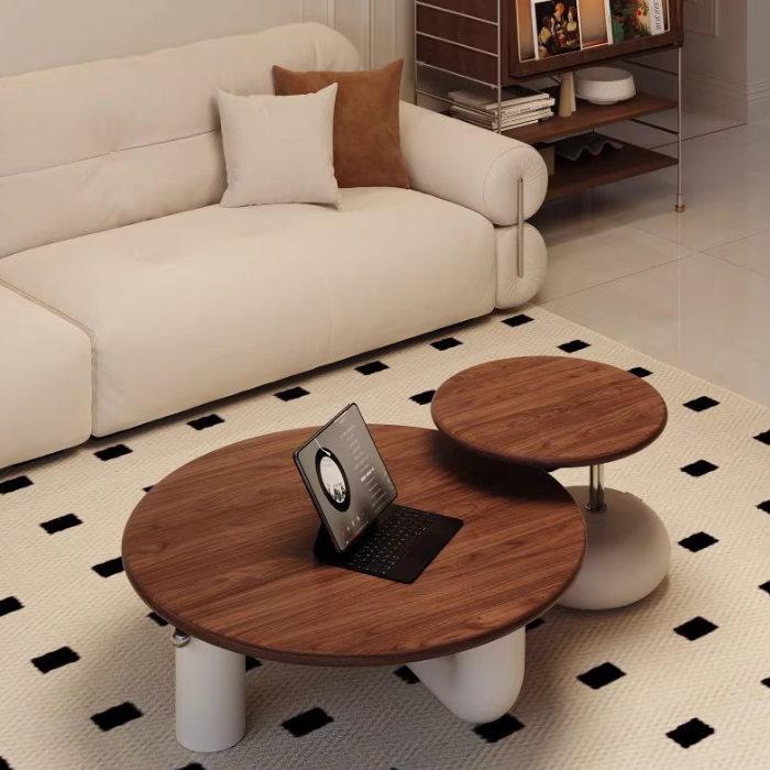 Mesa de café cilíndrica redonda de MDF de acero inoxidable de madera de pino creativa contemporánea de 1 nivel para sala de estar 
