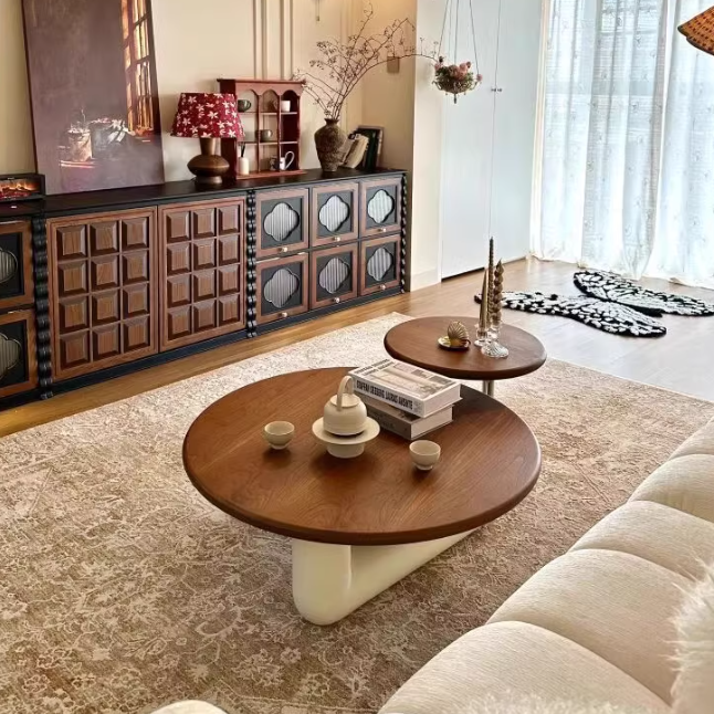 Mesa de café cilíndrica redonda de MDF de acero inoxidable de madera de pino creativa contemporánea de 1 nivel para sala de estar 