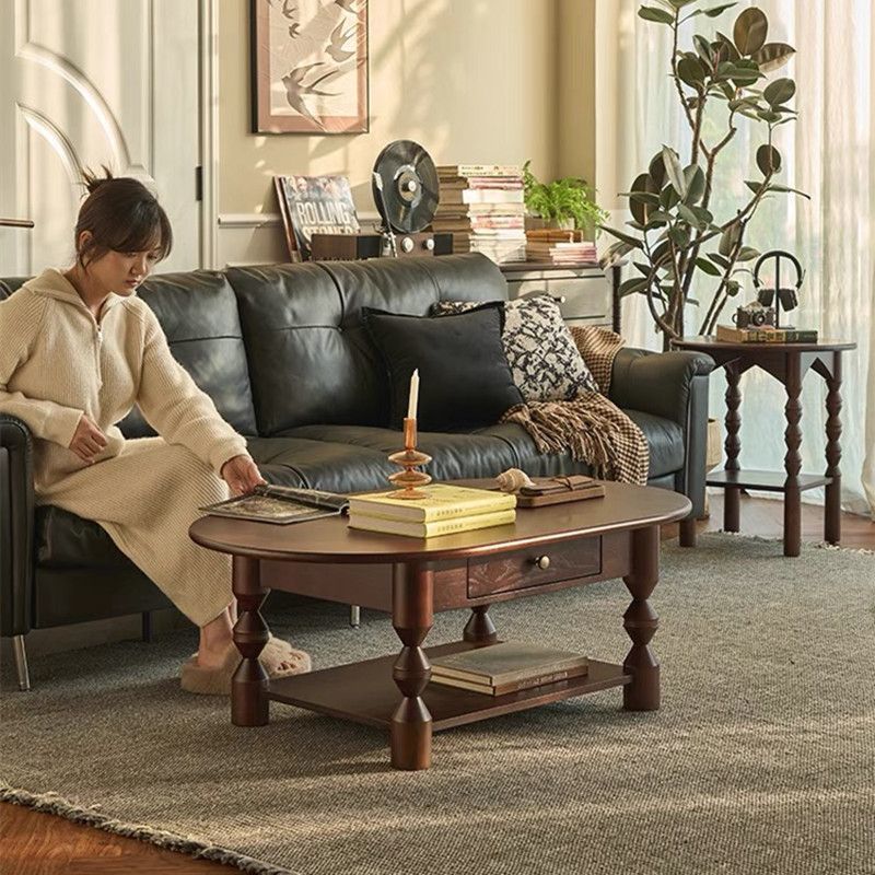 Traditional French Pine Wood Oval Tapered Coffee Table 2-Tier For Living Room