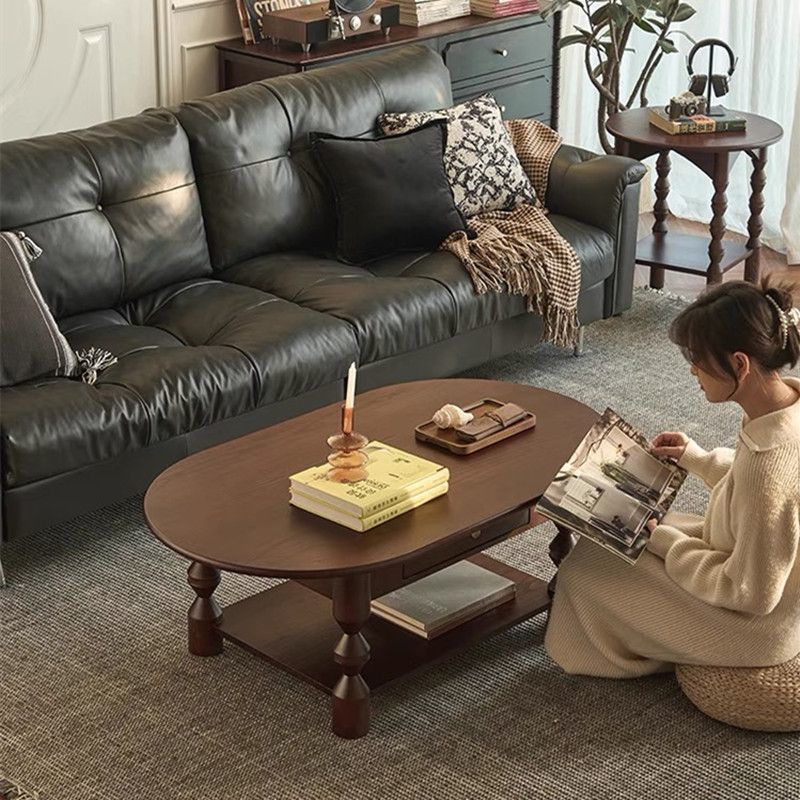 Traditional French Pine Wood Oval Tapered Coffee Table 2-Tier For Living Room