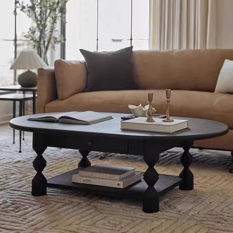 Traditional French Pine Wood Oval Tapered Coffee Table 2-Tier For Living Room