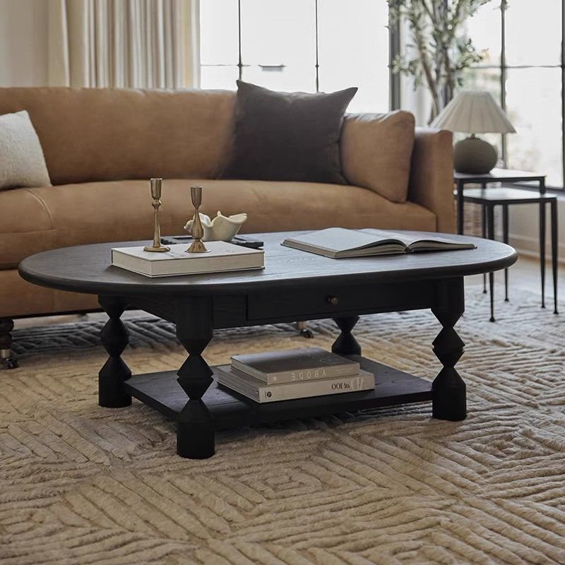 Traditional French Pine Wood Oval Tapered Coffee Table 2-Tier For Living Room