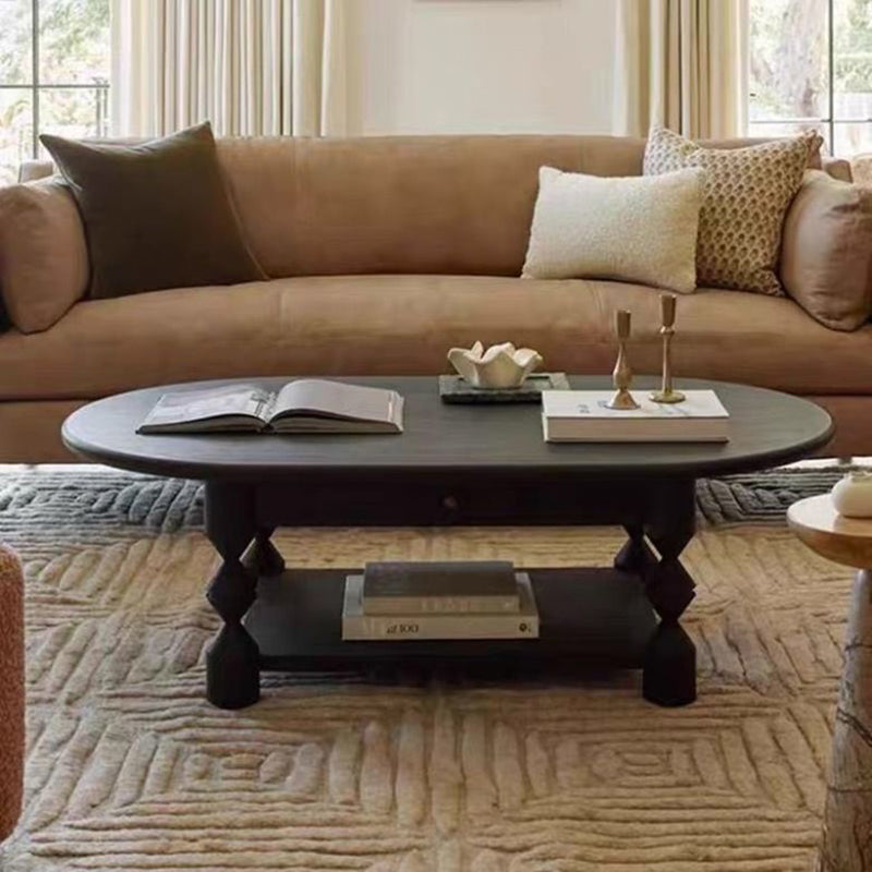 Traditional French Pine Wood Oval Tapered Coffee Table 2-Tier For Living Room