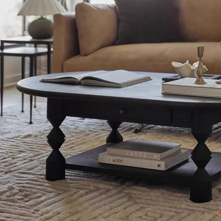 Traditional French Pine Wood Oval Tapered Coffee Table 2-Tier For Living Room