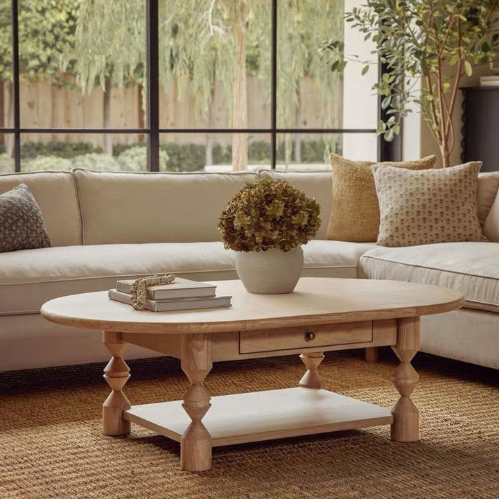Traditional French Pine Wood Oval Tapered Coffee Table 2-Tier For Living Room