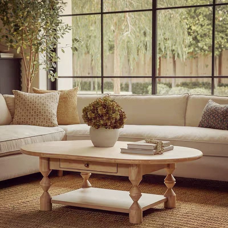 Traditional French Pine Wood Oval Tapered Coffee Table 2-Tier For Living Room