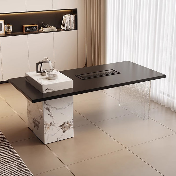 Table basse rectangulaire ou carrée à un niveau pour salon, en bois massif scandinave contemporain, panneau multicouche, acrylique, dalle de roche 
