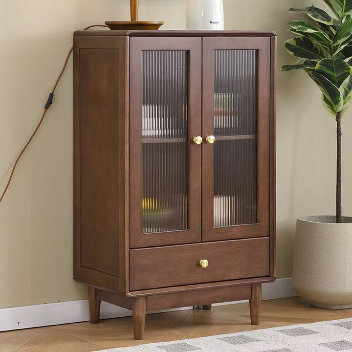 Traditional Chinese Oak Wood Glass Rectangular Storage Cabinet 2-Tier For Living Room