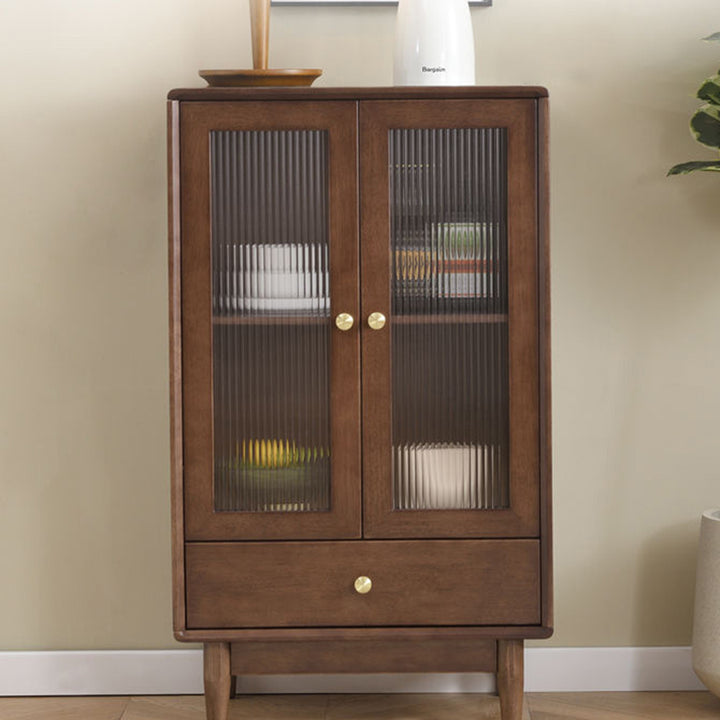 Traditional Chinese Oak Wood Glass Rectangular Storage Cabinet 2-Tier For Living Room