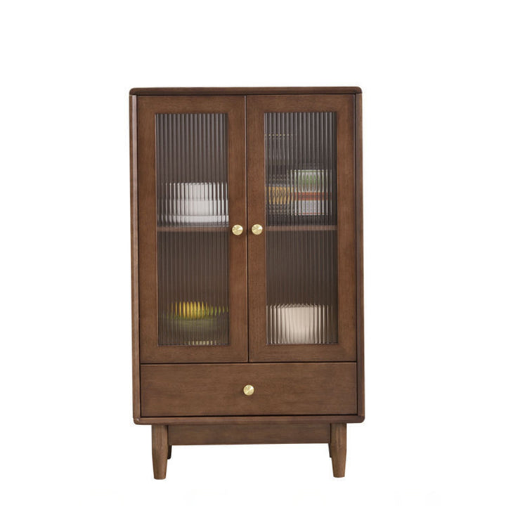 Traditional Chinese Oak Wood Glass Rectangular Storage Cabinet 2-Tier For Living Room
