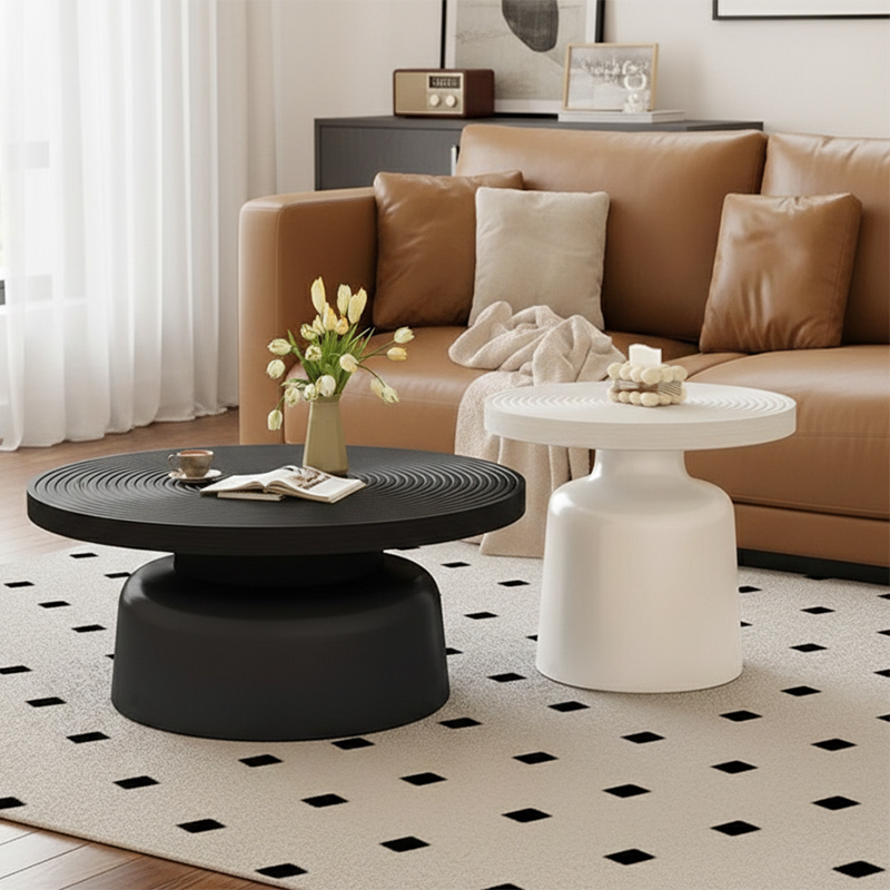Modern Minimalist MDF Carbon Steel Round Textured Coffee Table 1 Tier For Living Room