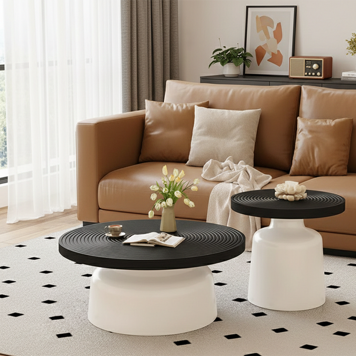Modern Minimalist MDF Carbon Steel Round Textured Coffee Table 1 Tier For Living Room
