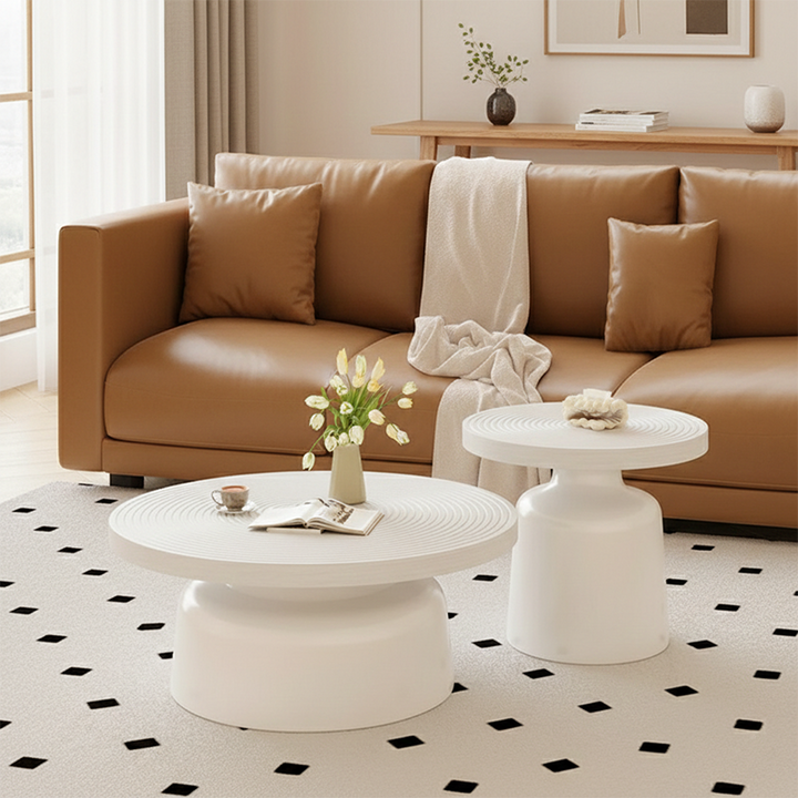 Modern Minimalist MDF Carbon Steel Round Textured Coffee Table 1 Tier For Living Room