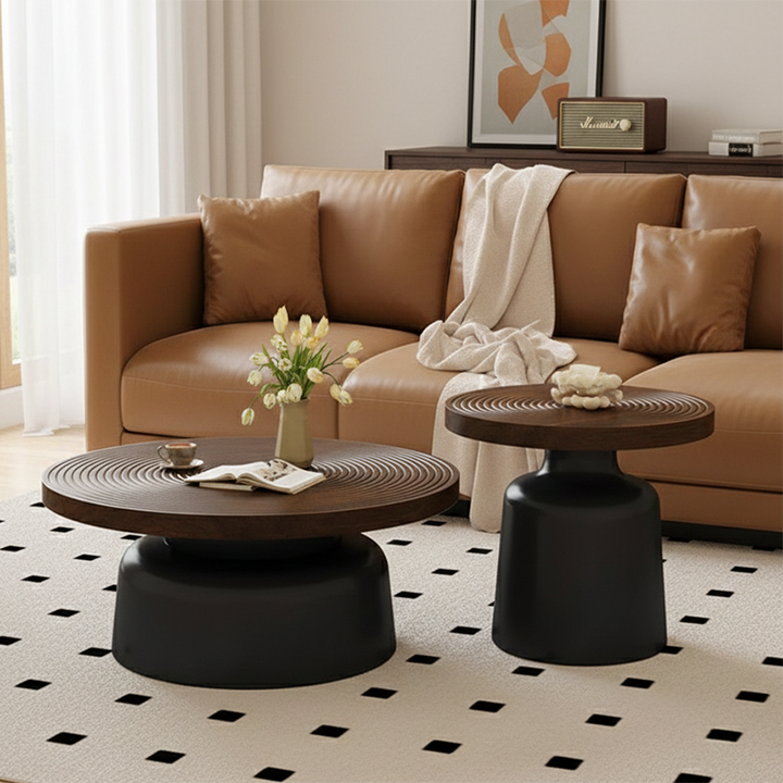 Modern Minimalist MDF Carbon Steel Round Textured Coffee Table 1 Tier For Living Room