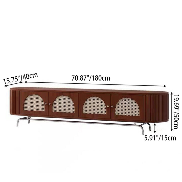 Traditioneller chinesischer TV-Ständer aus Kiefernholz, Rattan und Edelstahl, lang, oval, gewölbt, mit 4 Stauraummöglichkeiten für das Wohnzimmer 