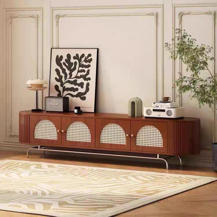 Traditioneller chinesischer TV-Ständer aus Kiefernholz, Rattan und Edelstahl, lang, oval, gewölbt, mit 4 Stauraummöglichkeiten für das Wohnzimmer 
