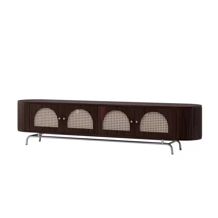 Traditioneller chinesischer TV-Ständer aus Kiefernholz, Rattan und Edelstahl, lang, oval, gewölbt, mit 4 Stauraummöglichkeiten für das Wohnzimmer 