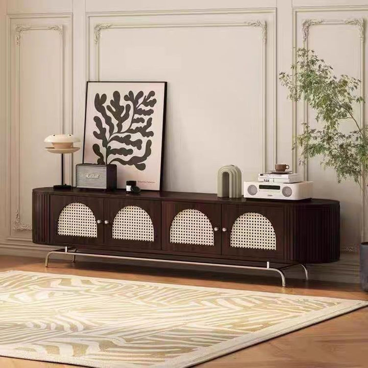 Traditioneller chinesischer TV-Ständer aus Kiefernholz, Rattan und Edelstahl, lang, oval, gewölbt, mit 4 Stauraummöglichkeiten für das Wohnzimmer 