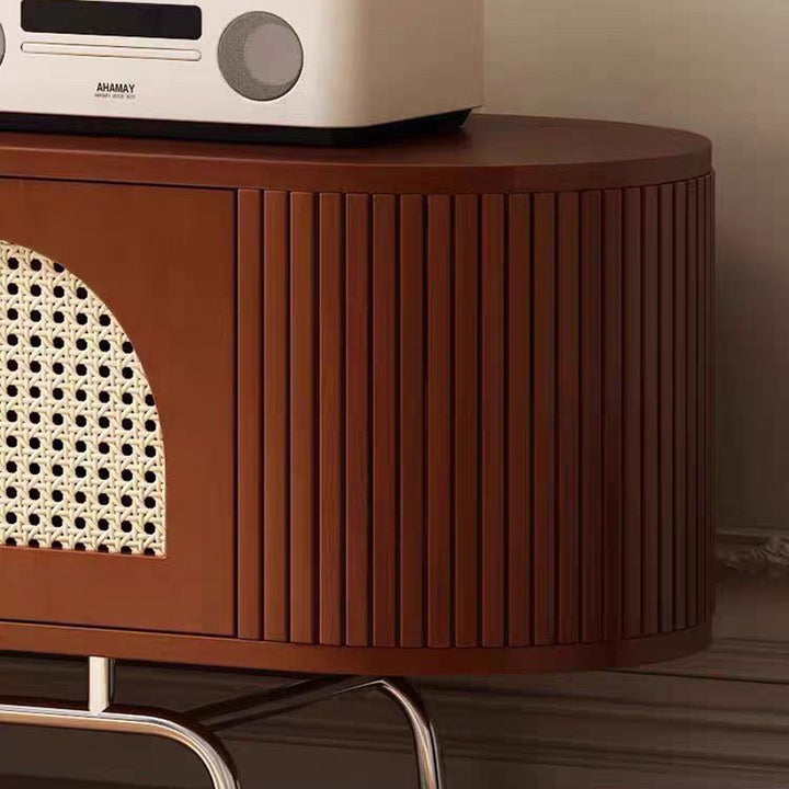 Traditioneller chinesischer TV-Ständer aus Kiefernholz, Rattan und Edelstahl, lang, oval, gewölbt, mit 4 Stauraummöglichkeiten für das Wohnzimmer 
