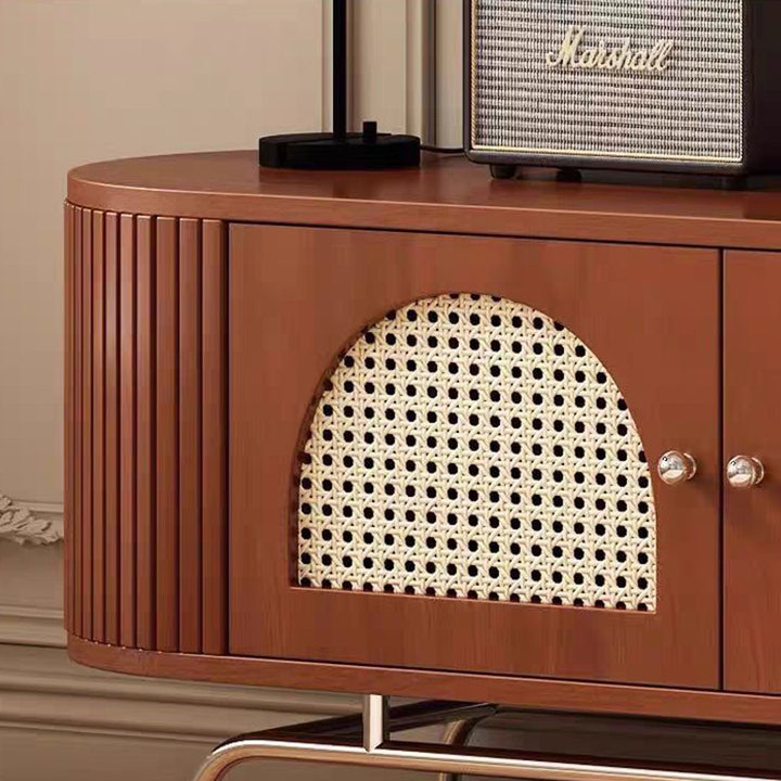 Traditioneller chinesischer TV-Ständer aus Kiefernholz, Rattan und Edelstahl, lang, oval, gewölbt, mit 4 Stauraummöglichkeiten für das Wohnzimmer 