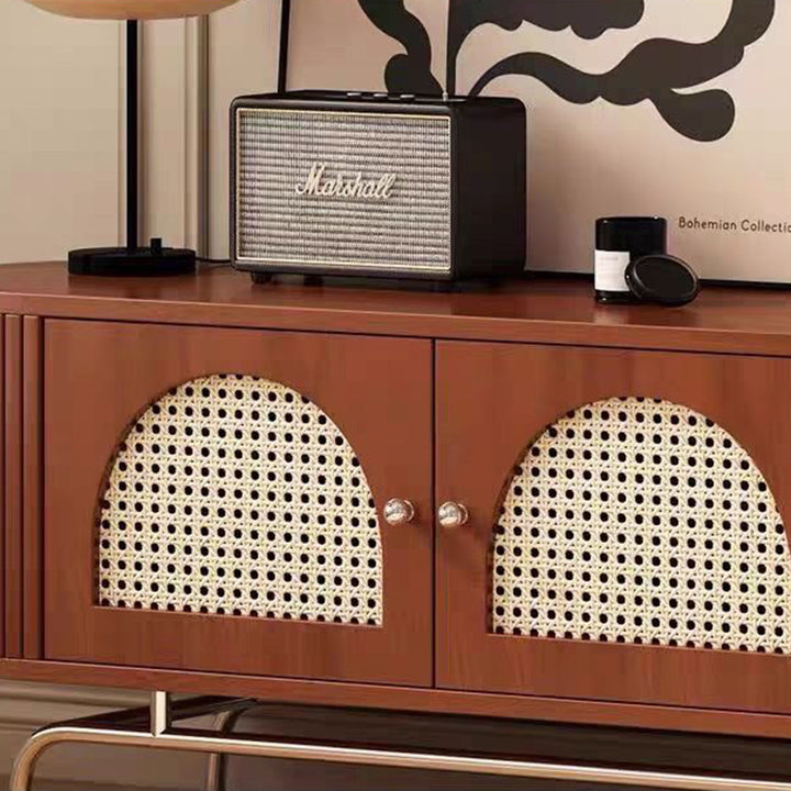 Traditioneller chinesischer TV-Ständer aus Kiefernholz, Rattan und Edelstahl, lang, oval, gewölbt, mit 4 Stauraummöglichkeiten für das Wohnzimmer 