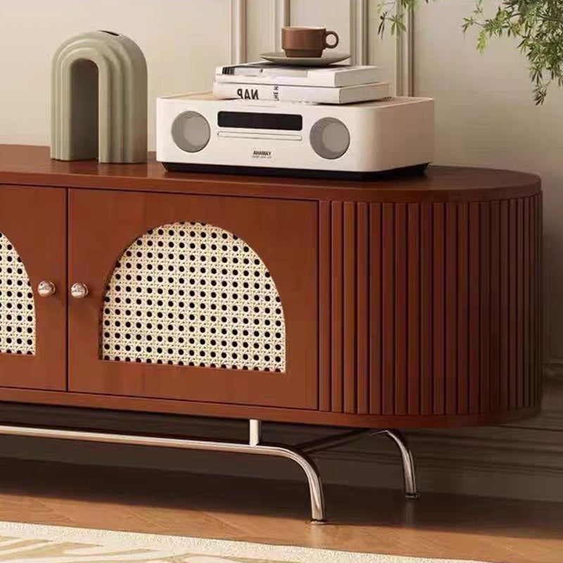 Traditioneller chinesischer TV-Ständer aus Kiefernholz, Rattan und Edelstahl, lang, oval, gewölbt, mit 4 Stauraummöglichkeiten für das Wohnzimmer 