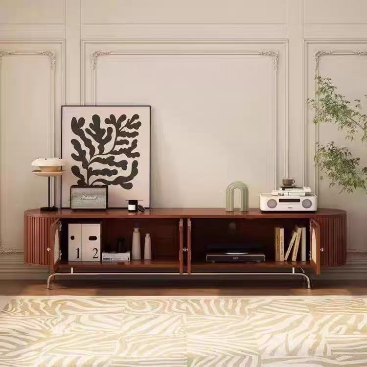 Traditioneller chinesischer TV-Ständer aus Kiefernholz, Rattan und Edelstahl, lang, oval, gewölbt, mit 4 Stauraummöglichkeiten für das Wohnzimmer 