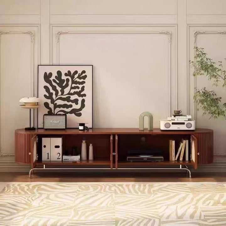 Traditioneller chinesischer TV-Ständer aus Kiefernholz, Rattan und Edelstahl, lang, oval, gewölbt, mit 4 Stauraummöglichkeiten für das Wohnzimmer 