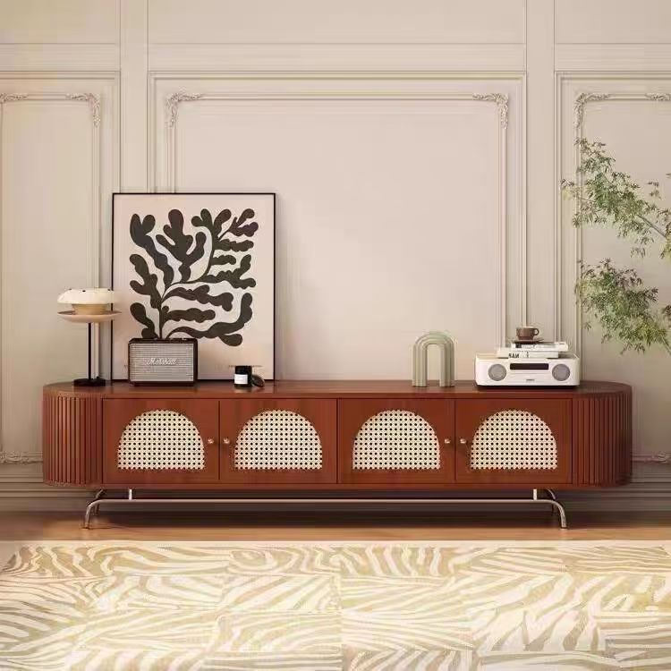 Traditioneller chinesischer TV-Ständer aus Kiefernholz, Rattan und Edelstahl, lang, oval, gewölbt, mit 4 Stauraummöglichkeiten für das Wohnzimmer 