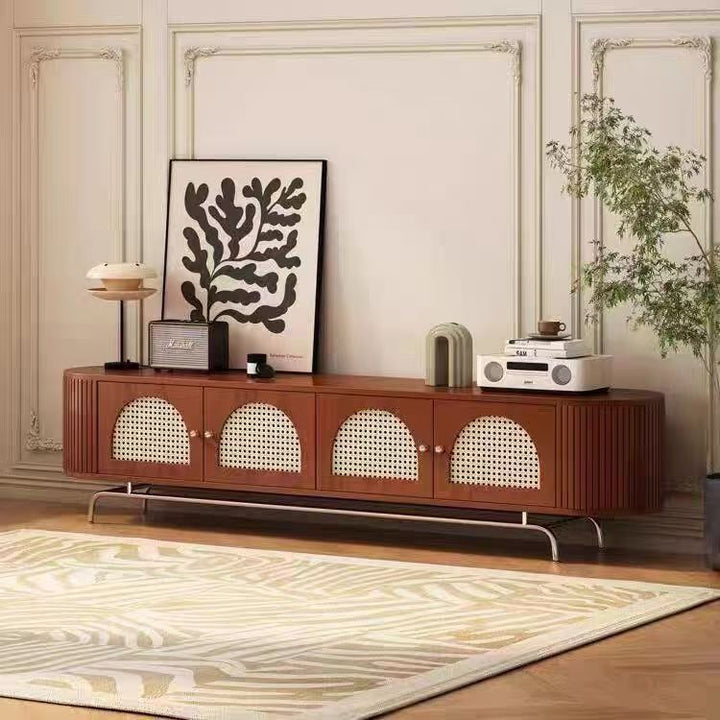 Traditioneller chinesischer TV-Ständer aus Kiefernholz, Rattan und Edelstahl, lang, oval, gewölbt, mit 4 Stauraummöglichkeiten für das Wohnzimmer 