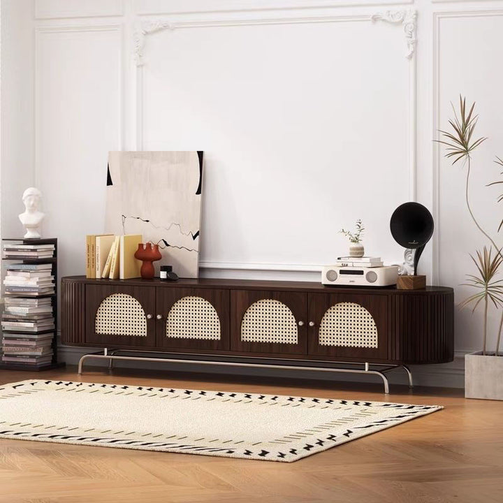 Traditioneller chinesischer TV-Ständer aus Kiefernholz, Rattan und Edelstahl, lang, oval, gewölbt, mit 4 Stauraummöglichkeiten für das Wohnzimmer 