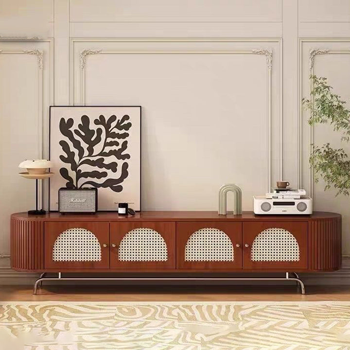 Traditioneller chinesischer TV-Ständer aus Kiefernholz, Rattan und Edelstahl, lang, oval, gewölbt, mit 4 Stauraummöglichkeiten für das Wohnzimmer 
