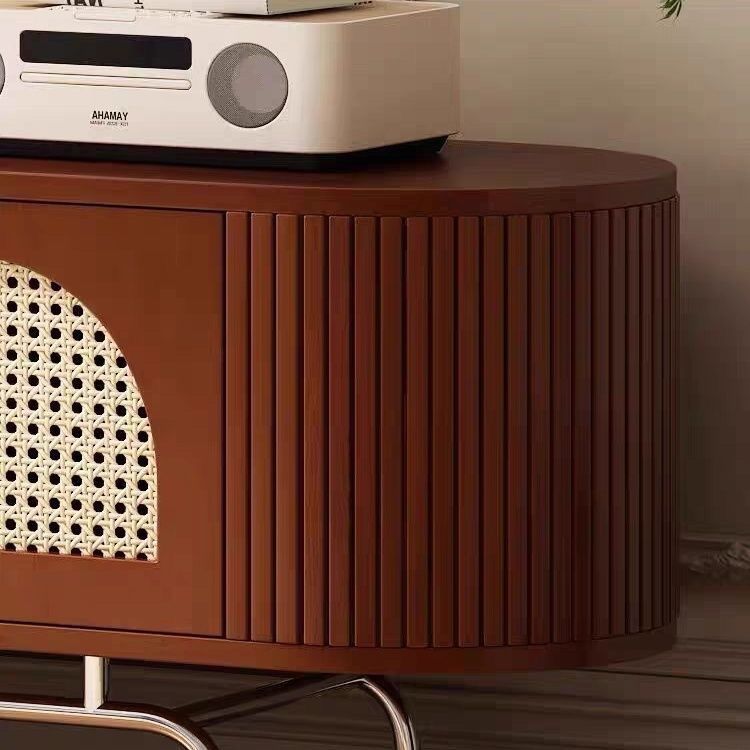 Traditioneller chinesischer TV-Ständer aus Kiefernholz, Rattan und Edelstahl, lang, oval, gewölbt, mit 4 Stauraummöglichkeiten für das Wohnzimmer 