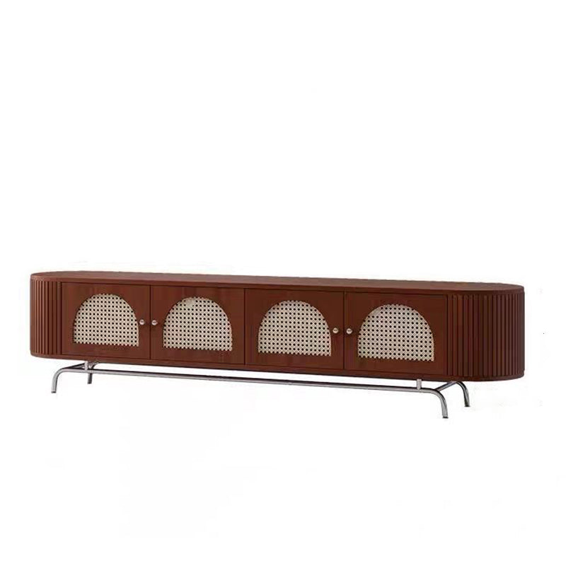 Traditioneller chinesischer TV-Ständer aus Kiefernholz, Rattan und Edelstahl, lang, oval, gewölbt, mit 4 Stauraummöglichkeiten für das Wohnzimmer 