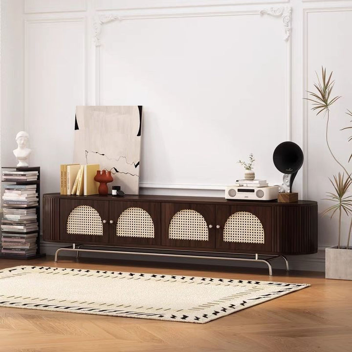Traditioneller chinesischer TV-Ständer aus Kiefernholz, Rattan und Edelstahl, lang, oval, gewölbt, mit 4 Stauraummöglichkeiten für das Wohnzimmer 