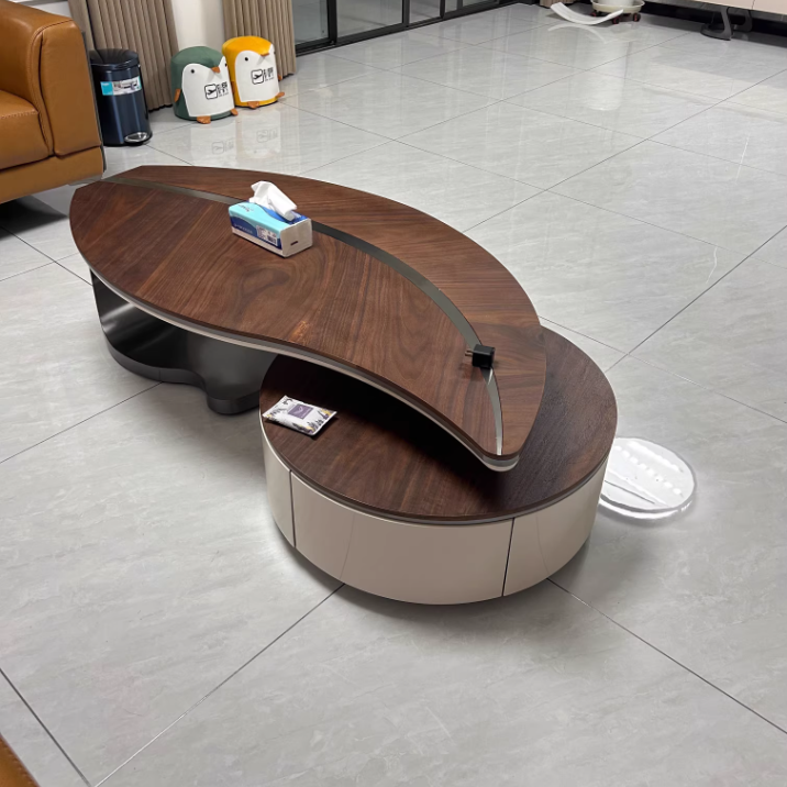 Traditioneller chinesischer Couchtisch aus Edelstahl und Massivholz mit mehrschichtigem, blattförmigem, rundem Design, 2-stufig für das Wohnzimmer 